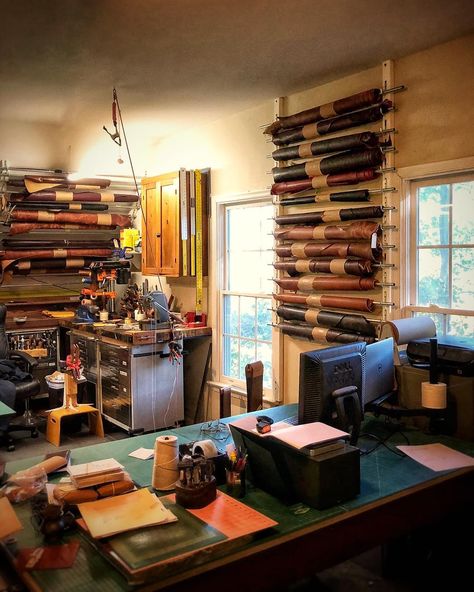 Leather rack #6.  Here we go. . . Borrowing the Mascon Forge for the metal work (@mascon_forge). . . Keeping this rack 3 foot off the floor to allow file cabinet drawers (in front of right side window) to fully slide upon beneath lowest hide. . . . #leather #studio #leatherhide #leathercraft Leather Studio, Leatherworking Tools, Leather Tools, Leather Workshop, Tool Shop, Side Window, Leather Hide, Workshop Storage, Shop Ideas