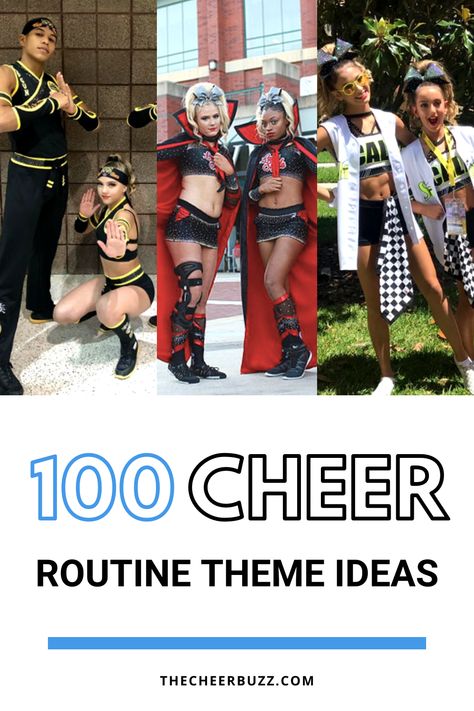 Some people love them and some people hate them… Either way, you can’t escape the fact that having a themed routine is a huge trend in the cheerleading world right now.  This list includes many great ideas for all ages, regardless if you want a theme just for the music or go all-in with props and uniforms! Cheer Competition Theme, Dance Themes Competition, Practice Themes Cheerleading, Cheer Team Themes, Cheer Themed Practice Ideas, Cheer Themes For Competition, Cheer Themes Ideas, Cheer Routine Ideas, Cheer Practice Themes