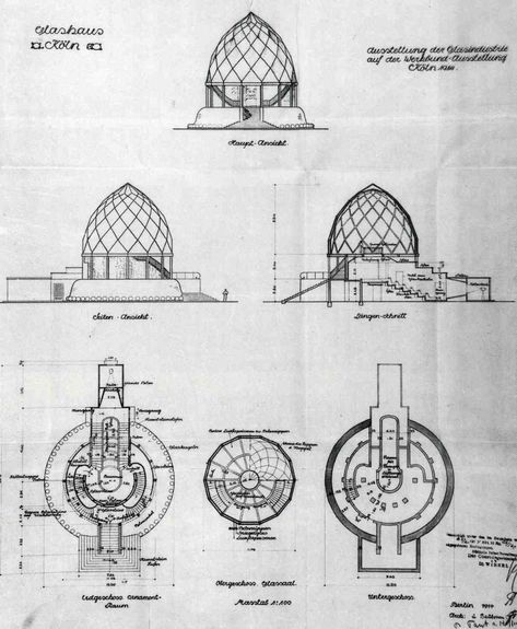 1920s Germany, Expressionist Architecture, Bruno Taut, Architecture 101, Architecture Classic, Glass Pavilion, Dome Structure, Architectural Drawing, House Drawing