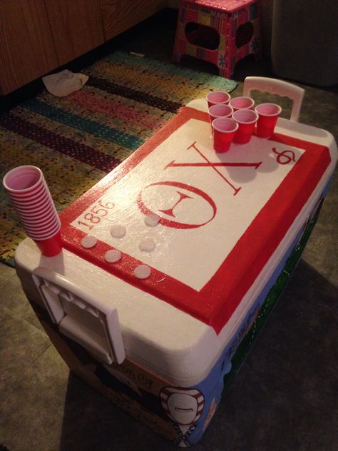 Mini beer pong! Velcro on cups and cooler so they don't fall off. Theta chi fraternity cooler. Mini Beer Pong, Mountain Weekend Cooler, Theta Chi Fraternity, Parking Lot Party, Sorority Coolers, Fraternity Cooler, Formal Cooler Ideas, Theta Chi, Fraternity Coolers