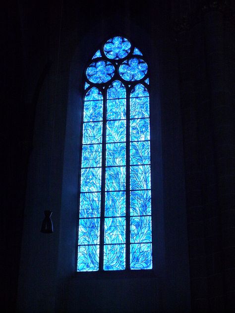 Dark Stained Glass Windows, Blue Cathedral Aesthetic, Stained Glass Dark Academia, Blue Stained Glass Aesthetic, Stained Glass Blue, Blue Stained Glass Window, Blue Castle, Glass Castle, Gothic Gargoyles