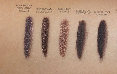 BOBBI BROWN GEL EYELINERS-COMPARISON: IF YOU HAVE THIS YOU DON'T NEED THIS: 1) Espresso Ink & Caviar Ink - very close; 2) Black Scotch contains the same metallic shimmer as Bronze Shimmer does. Black Scotch has a dark base were as Bronze Shimmer is just the metallic shimmer. Pic from thebeautylookbook.com Brown Gel Nails, Bobbi Brown Gel Eyeliner, Brown Gel Eyeliner, Metallic Eyeliner, Brown Skin Makeup, Brown Eyeliner, Brown Eye, Espresso Brown, Dark Nails