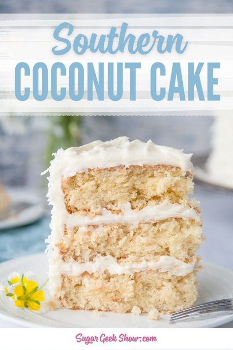 Moist and fluffy toasted coconut layers frosted with super creamy coconut cream cheese frosting! This recipe was inspired by my favorite coconut cake from the Commissary in Memphis, TN! #coconut #coconutcake #cakerecipe #southerncoconutcake #creamcheesefrosting #coconutcreamcheese #sugargeekshow Southern Coconut Cake, Coconut Cream Cheese, Coconut Cream Cheese Frosting, Easy Vanilla Cake Recipe, Coconut Cake Recipe, Cake Recipes Easy Homemade, Coconut Desserts, Homemade Cake Recipes, Best Cake Recipes