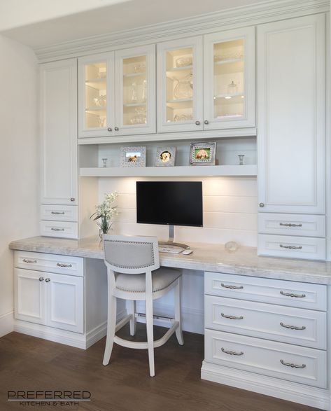 The built in desk area was remodeled with matching cabinetry from the kitchen while adding the necessary storage. Kitchen Office Nook, Built In Desk And Shelves, Kitchen Desk Areas, Office Ergonomics, Dining Room Built In, Cabinet Height, Office Built Ins, Home Office Cabinets, Kitchen Desks