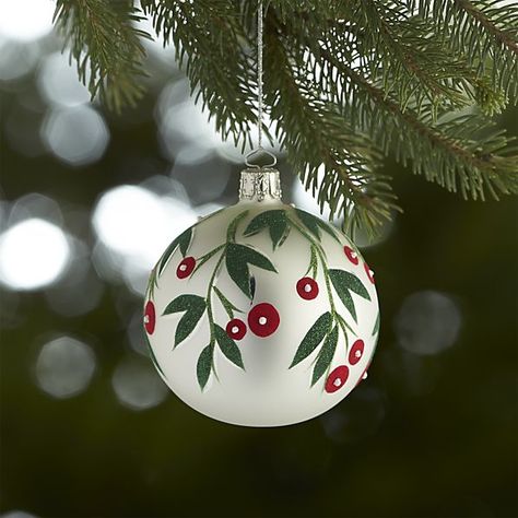 Mistletoe White Ball Ornament | Crate and Barrel Handpainted Christmas Ornaments, Christmas Tree Balls, Classic Christmas Tree, Painted Christmas Ornaments, Xmas Tree Decorations, Christmas Ornament Crafts, Christmas Ornaments To Make, Decorations Christmas, Ornament Crafts