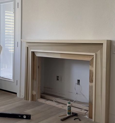 Modern Mantle Brick Fireplace, Mantle Surround Diy, Wood Mantel Surround Fireplace, Stained Built Ins Fireplace, Millwork Fireplace Surround, Simple Wood Fireplace Surround, White Oak Fireplace Surround, Mantle Design Ideas, Wood Framed Fireplace