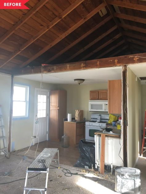 Before And After Vaulted Ceiling, Bungalow Vaulted Ceiling, Beach House Renovation Before And After, Vaulted Ceiling Before And After, Bungalow Ceiling, Bungalow Renovation Before And After, Tiny Bungalow, Carolina Beach House, Garage Cottage