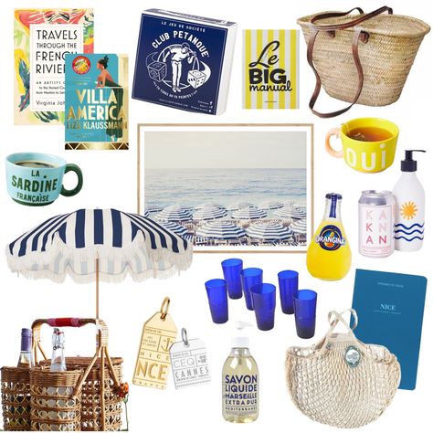 Moodboard inspired by the south of france. French riviera gift inspo, gift ideas for francophiles. Packing list for the cote d’azur. French riviera style. The great gatsby, st tropez, travels on the french riviera. French Riviera Bachelorette, South Of France Bachelorette, At Tropez Aesthetic, French Riviera Kitchen, South Of France Party Theme, French Riviera Home Decor, French Riviera Style Home Interiors, St Tropez Bachelorette, St Tropez Theme Party