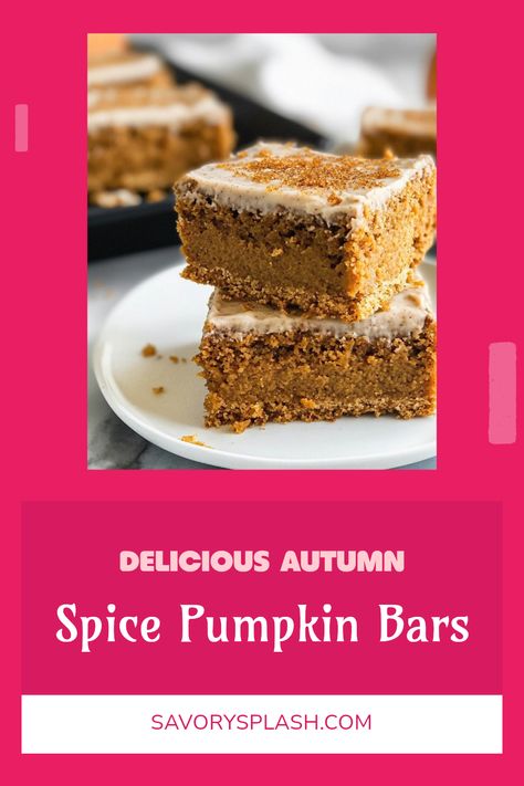 Get ready for fall flavors with these scrumptious Autumn Spice Pumpkin Bars! Fluffy, moist, and bursting with pumpkin goodness, they're perfect for cozy gatherings and chilly days. Featuring warm spices like cinnamon and nutmeg, these bars make the best seasonal treat for your family and friends. They're super easy to whip up and best enjoyed with a cup of your favorite fall latte or warm apple cider. Whether you want to impress at a potluck or enjoy a Sunday treat at home, these classic pumpkin bars are a must-bake recipe you can't miss! Blueberry Chocolate, Warm Apple Cider, Caramel Frosting, Get Ready For Fall, Warm Drinks, Pumpkin Bars, Warm Apple, Cherry Cheesecake, Chocolate Delight