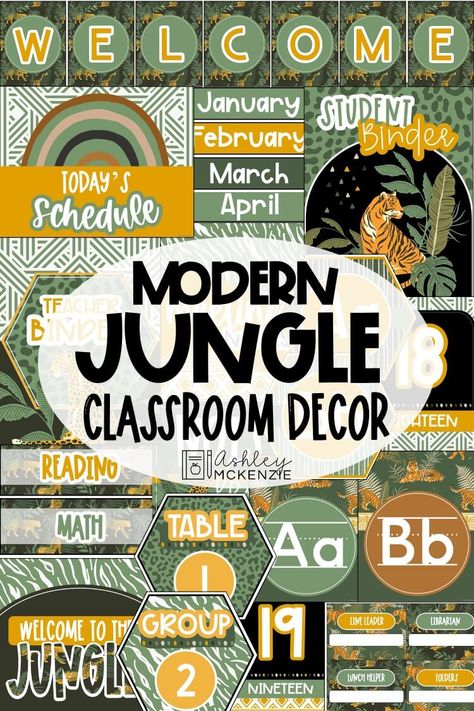 Modern Jungle Printable Classroom Decor Modern Jungle Classroom, Jungle Classroom Decor, Jungle Theme Classroom Decorations, Safari Theme Classroom, Jungle Theme Rooms, Preschool Jungle, Jungle Classroom, Ashley Mckenzie, Themed Classroom Decor