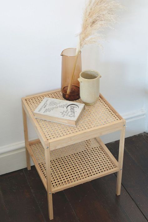 rattan bedside table IKEA hack Rattan Bedside Table, Bedside Table Ikea, Koti Diy, Hack Ikea, Table Ikea, Прикроватные Тумбочки, Rattan Table, Tables Diy, Furniture Hacks