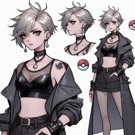 Goth Pokemon Trainer, Punk Witch Outfit, Punk Girl Character Design, Female Punk Outfits, Goth Characters, Characters Inspiration Drawing, Female Character Concept, Clothing Design Sketches, Witch Outfit