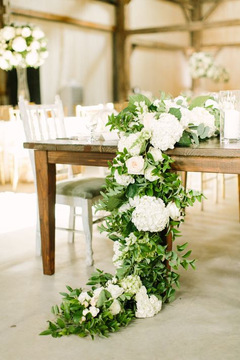 Floral garland: http://www.stylemepretty.com/2015/09/05/elegant-southern-farm-wedding-in-texas/ | Photography: Mustard Seed - http://www.mustardseedphoto.com/ White Weddings Reception, Table Garland, Reception Tablescapes, Tafel Decor, Flowers And Greenery, Elegant Wedding Reception, Floral Runner, Floral Table Runner, Floral Garland