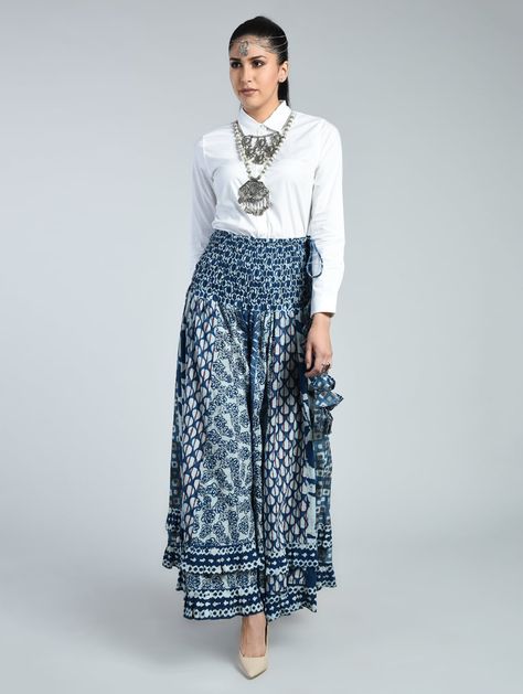 Buy Indigo Printed Palazzo by Kargha - Online shopping for Palazzos in India | 15391706 Plazo Pant, Flared Palazzo, Casual Indian Fashion, Long Kurti Designs, Cotton Kurti Designs, Buy Skirts, Kurta Designs Women, Party Wear Indian Dresses, Dress Indian Style