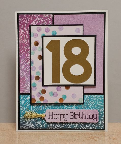 18th Birthday Card Number Birthday Cards Handmade, 18th Card Ideas, Stampin Up 18th Birthday Cards, 18th Birthday Cards Handmade, Homemade 18th Birthday Cards, 18th Birthday Cards Diy, 18th Birthday Card Diy, Handmade 21st Birthday Cards Ideas, 18th Birthday Scrapbook Ideas