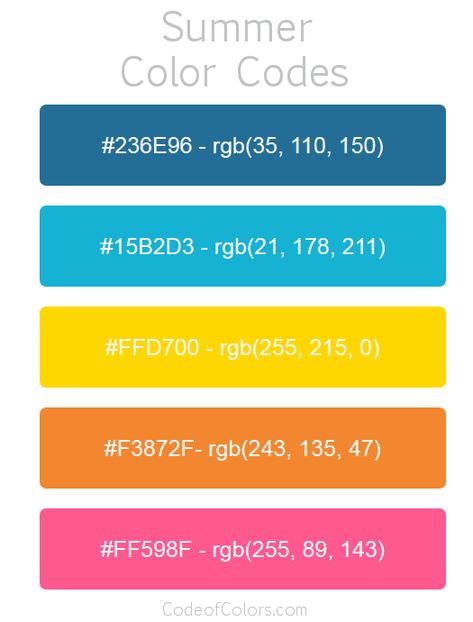 Summer Color Palette - Hex and RGB Color Codes Rgb Lighting Ideas Bedroom, Rgb Lighting Ideas, Lighting Ideas Bedroom, Rgb Color Palette, Rgb Palette, Sports Cakes, Rgb Color Codes, Colour Pallets, Bedroom Colour Palette