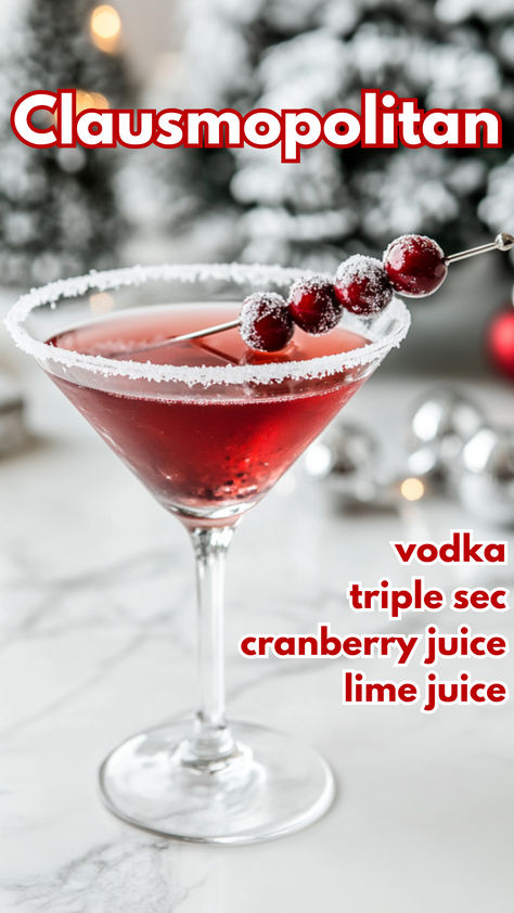 Clausmopolitan Recipe Christmas Cosmopolitan Pitcher, Santa Cosmopolitan Christmas Cocktails, Holiday Cosmopolitan Drink, White Cranberry Cosmopolitan, Christmas Cosmopolitan Drink, Christmas Drinks Pitcher, Christmas Drinks Vodka Recipes, Christmas Cosmopolitan Holiday Cocktails, Cranberry Mixed Drinks Cocktails