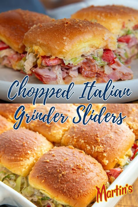 These chopped Italian grinder sliders are the perfect dish for any crowd. Chop up pepperoni, ham, salami, provolone, then top with a delicious grinder salad mixture. Serve warm with Martin’s Sweet Dinner Potato Rolls. These sliders are a hit! Italian Party Sandwiches, Ham And Pepperoni Sliders, Sausage Hawaiian Roll Sliders, Italian Sub Sliders Recipes, Tik Tok Grinder Sliders, Grinder Salad Sliders, Italian Grinders Sliders, Ham And Salami Sliders, Italian Style Sliders