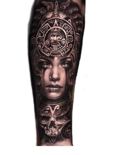 Mexican Realism Tattoo, Aztec Goddess Tattoo Mexican, Aztec Woman Warrior Tattoo, Aztec Princess Tattoo Warriors, Mexican Indian Tattoo, Aztec Women Tattoo, Aztec Temple Tattoo, Fore Arm Tattoo Ideas, Mexican Samurai