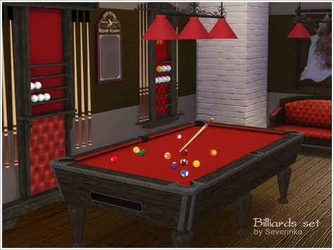 A set of furniture and decor to design a billiard room in the classical style.  Found in TSR Category 'Sims 4 Study Sets' Sims 4 Pool Table, Sims 4 Pool, Sims 4 Skills, Billiards Room Decor, Sims 4 Stories, Basketball Room, Mod Furniture, Casas The Sims 4, Pool Rooms