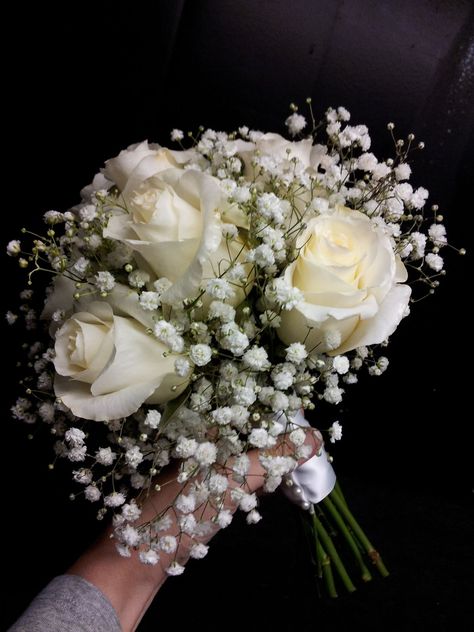 Flowers For Wedding Bouquet White, White Fake Flower Bouquet, Wedding Buqet Flowers White, 3 White Roses Bouquet, White Boquets Ideas, Bridesmaid Bouquet Gypsophila, Pearls In Bouquet, White Flower Prom Bouquet, Wedding Flowers With Pearls