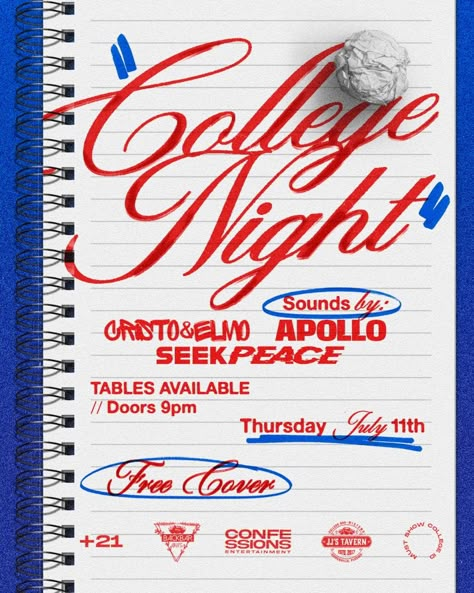 College Typography Design, Night Club Instagram Feed, Club Night Poster, College Typography, Yearbook Graphic Design, School Flyer Design, College Graphic Design, Announcement Graphic, Academic Design