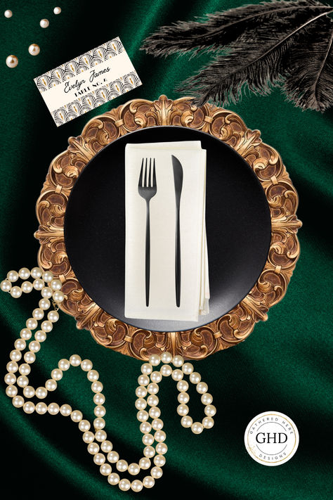 Create a glamorous 1920s vibe with this vintage wedding place setting! Inspired by Great Gatsby speakeasy style, this tablescape features rich jewel tones, luxe fabrics, art deco patterns, and elegant ostrich feathers. Perfect for couples seeking a lavish, Roaring Twenties-inspired celebration, this stunning design will elevate your wedding and have your guests craving more vintage glamour. ✨💎 #VintageWedding #GreatGatsbyVibes #ArtDeco #LuxuryTablescape #WeddingInspo Speakeasy Style, Vintage Glamour Wedding, The Rockettes, Glam Inspiration, Art Deco Party, S Table, Wedding Place Settings, Art Deco Patterns, Roaring Twenties