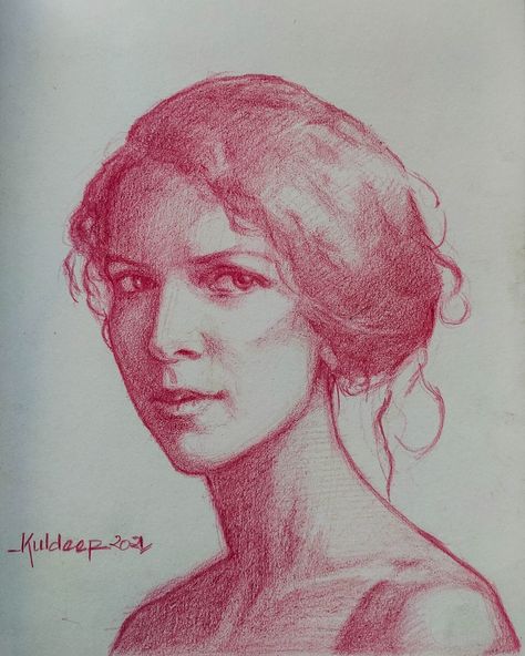 Red Pencil Sketch, Colour Pencil Portrait, Coloured Pencil Portrait, Monotone Art, Potrait Painting, Red Pastel, Life Drawing Classes, Colored Pencil Portrait, Pencil Portraits