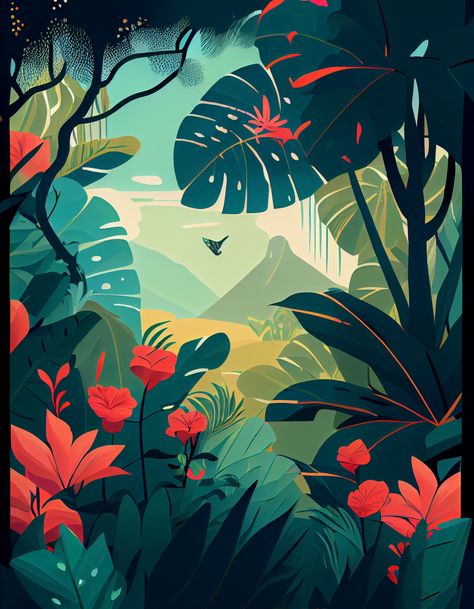 Wall Art Tropical, Tropical Rainforest Illustration, Tropical Forest Concept Art, Tropical Forest Illustration, Tropical Illustration Graphics, Mural Art Tropical, Tropic Landscape, Jungle Art Tropical, Tropical Jungle Illustration