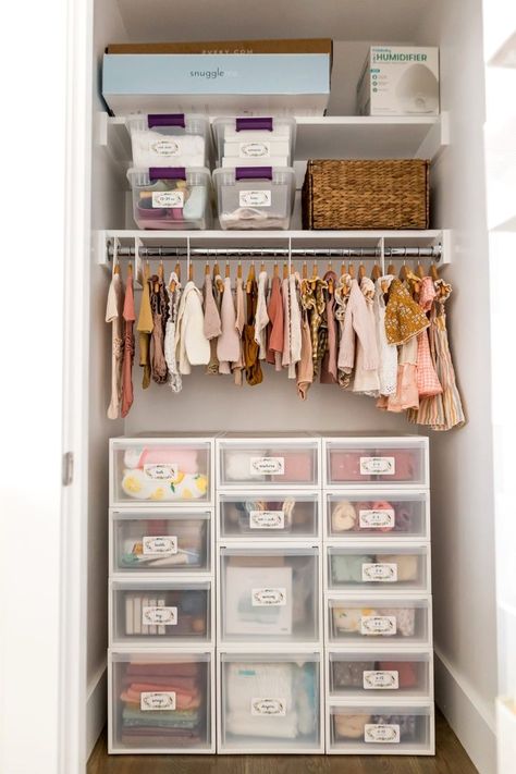 #nurseryroom #babygirlroom #nurserydecor #ikeanursery Organize Nursery Closet, Small Closet Nursery Organization, How To Decorate A Nursery, Baby In Parents Room Ideas, Rainbow Baby Room Nurseries, Small Baby Closet Organization, Baby Friendly Living Room, Rainbow Baby Nursery Ideas, Nursery In Bedroom