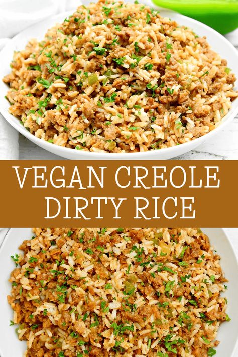 Dirty Rice ~ Bring a taste of New Orleans to the table! This Creole-style dish is packed with strong, spicy, and rich flavors of Louisiana. via @thiswifecooks Vegan Dirty Rice Recipe, Mississippi Food, Dirty Rice Recipe, Vegan Ground Beef, Buttered Vegetables, New Orleans Recipes, Dirty Rice, Vegan Sausage, Rice Ingredients