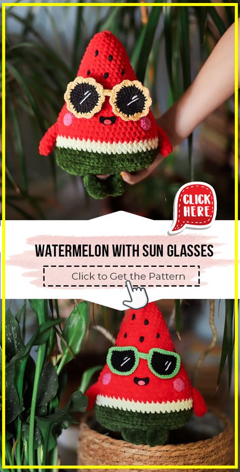 Crochet Watermelon, Free Pattern Crochet, Cozy Crochet Patterns, Watermelon Pattern, Crochet Food, Kawaii Crochet, Crochet Bookmarks, Crochet Pillow, Fun Crochet Projects