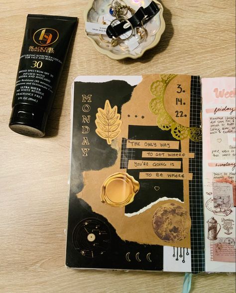 Scrapbook Brown Theme, 1920s Scrapbook Ideas, Scrapbook Black Paper, Black Scrapbook Ideas Aesthetic, Black Scrapbook Ideas, Scrapbook Painting, Collage Scrapbook Layouts, Folio Ideas, Black Scrapbook