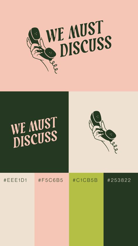 Our bold and feminine brand color palette design for Substack newsletter brand We Must Discuss features soft cream and pink accented by vibrant lime and dark greens. The logo features an illustration of a retro telephone, invoking that feeling of calling a friend to catch up and discuss all things pop culture. Interested in seeing more of our branding work? Take a look at some of our featured projects on our website. Substack Design, Substack Newsletter, Logo Color Palette, Retro Telephone, Green Branding, Feminine Brand, Website Color Palette, Color Design Inspiration, Palette Design