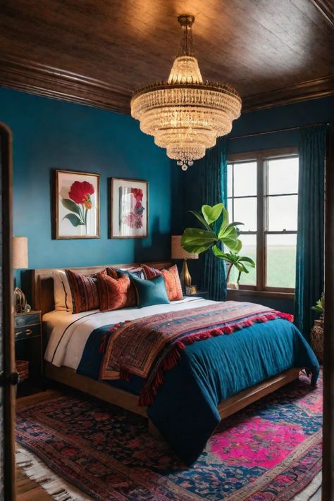 A maximalist bohochic bedroom featuring a statement chandelier a mix of colorful Moody Eclectic Apartment, Colorful Boho Bedroom Jewel Tones, Moody Blue And Red Bedroom, Blue Maximalist Bedroom, Jewel Tone Bedroom Blankets, Vibrant Bedroom Ideas, Moody Maximalist, Jewel Tone Bedroom Beds & Frames, Jewel Toned Bedroom Decor