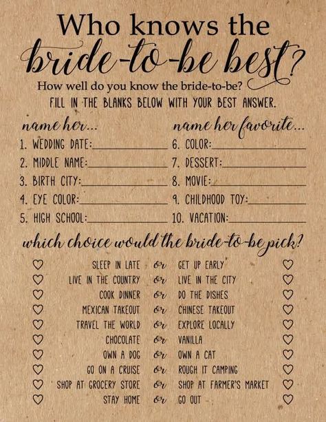 Bride Games, Bridal Shower Games Unique, Rich Wedding, Who Knows The Bride Best, Realistic Wedding, Bridal Shower Questions, Bridal Shower Games Funny, Rustic Bridal Shower Games, Bridal Shower Inspo