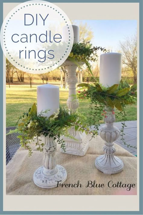 I wanted a set of these candle rings, but just couldn't do the price. So, I made some of my own. Here's a tutorial for making your own candle rings. They turned out so cute and were an easy DIY project. #howtomakecandlerings #candlerings #diycandle Candle Rings Diy, Diy Greenery, Expensive Candles, Smelling Candles, Candle Stick Decor, Spa Candle, Candles Diy, Church Candles, Blue Cottage