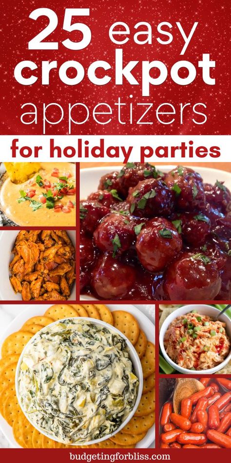 Enjoy a stress-free holiday party with these easy crockpot appetizer recipes. Find 25 best slow cooker appetizers that are perfect for Christmas parties because the crockpot does all the work while you enjoy the festivities. Find cheesy dips, tender meatballs, and savory chicken wing recipes. These crowd-pleasing crockpot appetizers are warm, flavorful and ready to serve at your next holiday gathering. You will love these simple party snacks, and delicious party appetizer ideas. Christmas Party Appetizers Crock Pots, Crock Pot Holiday Appetizers, Quick And Easy Crockpot Party Food, Crockpot Orderves, Meat Appetizers Crockpot, Holiday Party Food Ideas Crockpot, Gameday Dips Crockpot, Crock Pot Finger Foods For Party, Crock Pot Recipes Appetizers