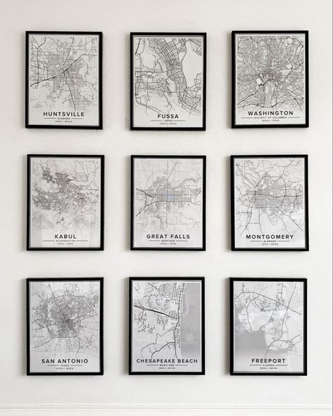 Canva Collage Inspirations Framed City Map Wall Art, Office Wall Art Creative Modern, Framed Maps On Wall, Mix Tile Photo Wall Ideas, Map On Wall, Map Gallery Wall, City Wall Decor, Hallway Gallery Wall, Travel Gallery Wall