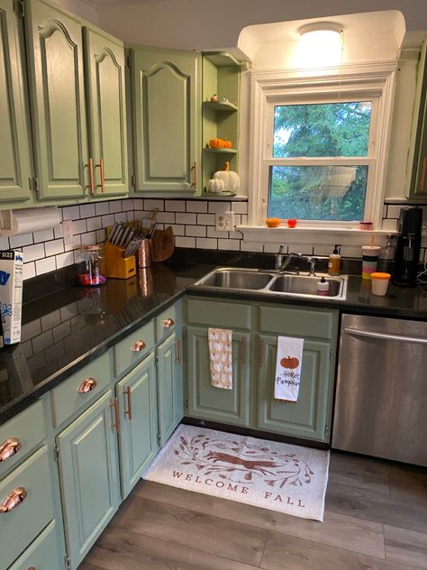 Cooper And Green Kitchen, Mint Green And Copper Kitchen, Boho Kitchen Cabinets Painted, Green And Tan Kitchen Cabinets, Sage And Copper Kitchen, Copper And Green Kitchen, Green Copper Kitchen, Green And Copper Kitchen, Boho Kitchen Cabinets