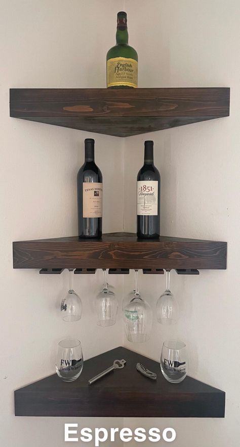 Style Floating Shelves, Corner Wine Bar, Kitchen Corner Ideas, Floating Wood Shelf, Modern And Rustic Decor, Sunroom Designs, Wine Shelves, Flat Ideas, Kitchen Corner