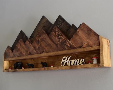 Shelf Cabin, Mountain Wood Art, Mountain Shelf, Geometric Shelves, Wood Company, Rustic Shelf, Shelf Floating, Ottoman Decor, Wall Decor Rustic