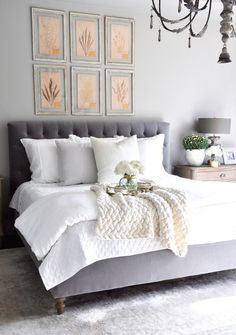 Dreamy white bedding and gray tufted headboard Grey Bed, Grey Bed Frame, Grey Bedroom Decor, Grey Headboard, Gray Bedroom, Bedroom Headboard, Chic Bedroom, Grey Bedding, Master Bedrooms Decor