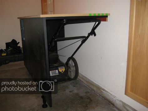 Garage Cabinets Phase 1 - Project Showcase - DIY Chatroom Home Improvement Forum Lawnmower Storage Garage, Lawn Mower Garage Storage, Lawnmower Storage, Mower Storage, Garage Cupboards, Board Architecture, Cabinet Build, Lawn Mower Storage, Garage Organisation