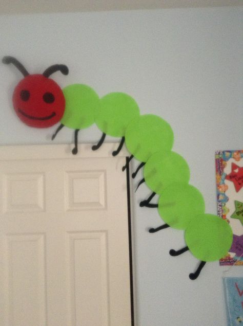 Felt Caterpillar climbing up the wall display Vacation Bible School, Bible School, Caterpillar, Wall Display, Wall Painting, Preschool, Felt, Mario Characters, Kids Rugs