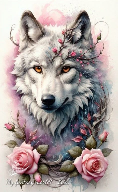 Flower Wolf Tattoo, Wolf With Flowers, White Wolf Tattoo, Native American Wolf Art, Pocket Watch Tattoos, Cubs Tattoo, Palm Mehndi Design, Wolf Tattoo Sleeve, Jewel Tattoo