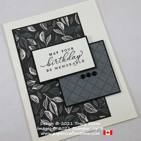 Masculine birthday card created using the Timeless Tropical Stamp Set and Simply Elegant paper from Stampin' Up! #papercraftwithme #simplestamping Birthday Card Masculine, Black Birthday Card For Men, Black Paper Card Ideas, Men Birthday Card Ideas, Black Birthday Card Ideas, Elegant Card Design, Creative Birthday Cards Diy Handmade, Elegant Birthday Cards, Black Birthday Card