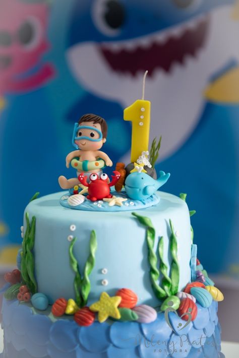 Aqua Theme Birthday Party, Beach Birthday Cake, Cake Decorating Books, Ocean Birthday Party, Shark Cake, Ocean Birthday, Christening Party, 2 Birthday Cake, Fondant Cake Toppers