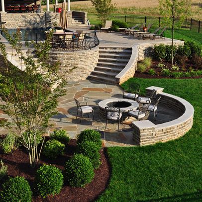 Landscape Nursery, Rustic Fire Pits, Raised Patio, Sloped Backyard, Stone Steps, Stone Fire Pit, Flagstone Patio, Formal Garden, Fire Pit Designs