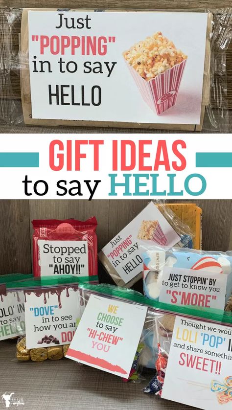 Looking for a gift that is sweet and easy!! Here are a bunch of fun gift ideas to say hello to a friend, neighbor or even to introduce yourself to a complete stranger!! Free Printables for you to print and use New Neighbor Gifts, Hello Gift, Secret Pal, Marketing Gift, Secret Sisters, Visiting Teaching, Employee Appreciation Gifts, Staff Appreciation, Neighbor Gifts